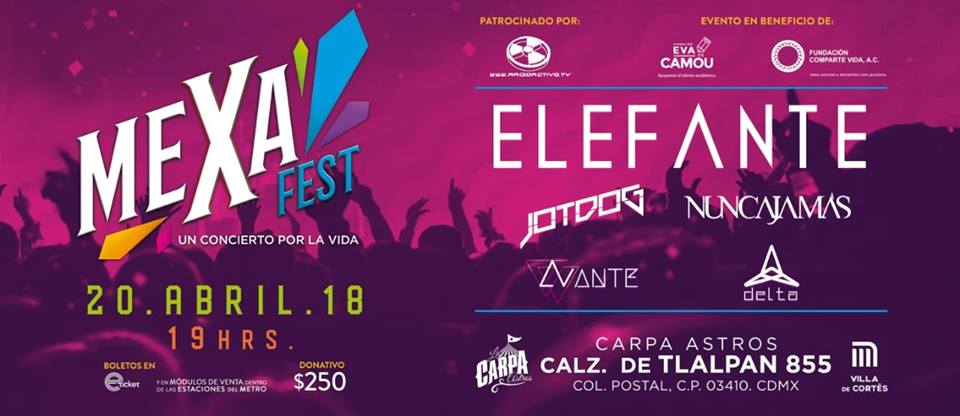 F_ComparteVida's tweet photo. Evento a beneficio de la Fundación #ComparteVida Donativo $250 HOY 20 de abril 2018 a las 7 PM en la Carpa Astros #MexaFest @MeXaFest @elefanteoficial @JotDog @NuncaJamasBand @avanteoficialmx @DeltaInfinito @CarpaAstrosMx https://t.co/8oOcPHM5G3