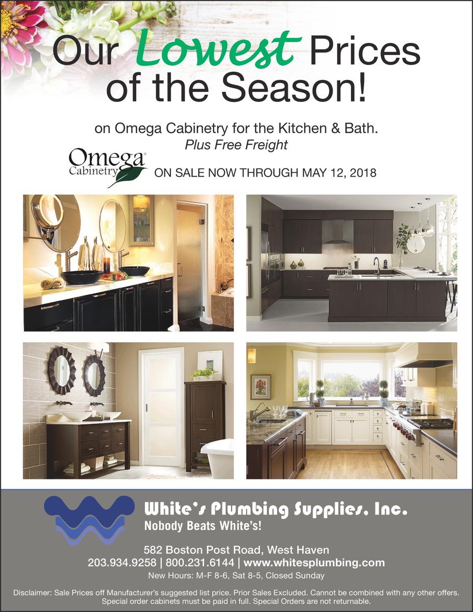 Come on in today and take advantage of our LOWEST prices of this Season on Omega Cabinets for your kitchen or bath. This sale will be running until May 12th! We hope to see you soon!

Sincerely,
Whites Plumbing Supplies Inc.