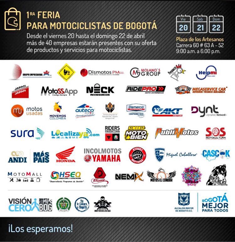 🛵 Todavía estás a tiempo de llegar. Hasta las 6 de la tarde podrás visitar nuestra primera Feria para Motociclistas de Bogotá en la Plaza de los Artesanos.

‼️Recuerda que estaremos durante todo este fin de semana, son más de 40 empresas las que participan. 

#VisiónCeroBOG