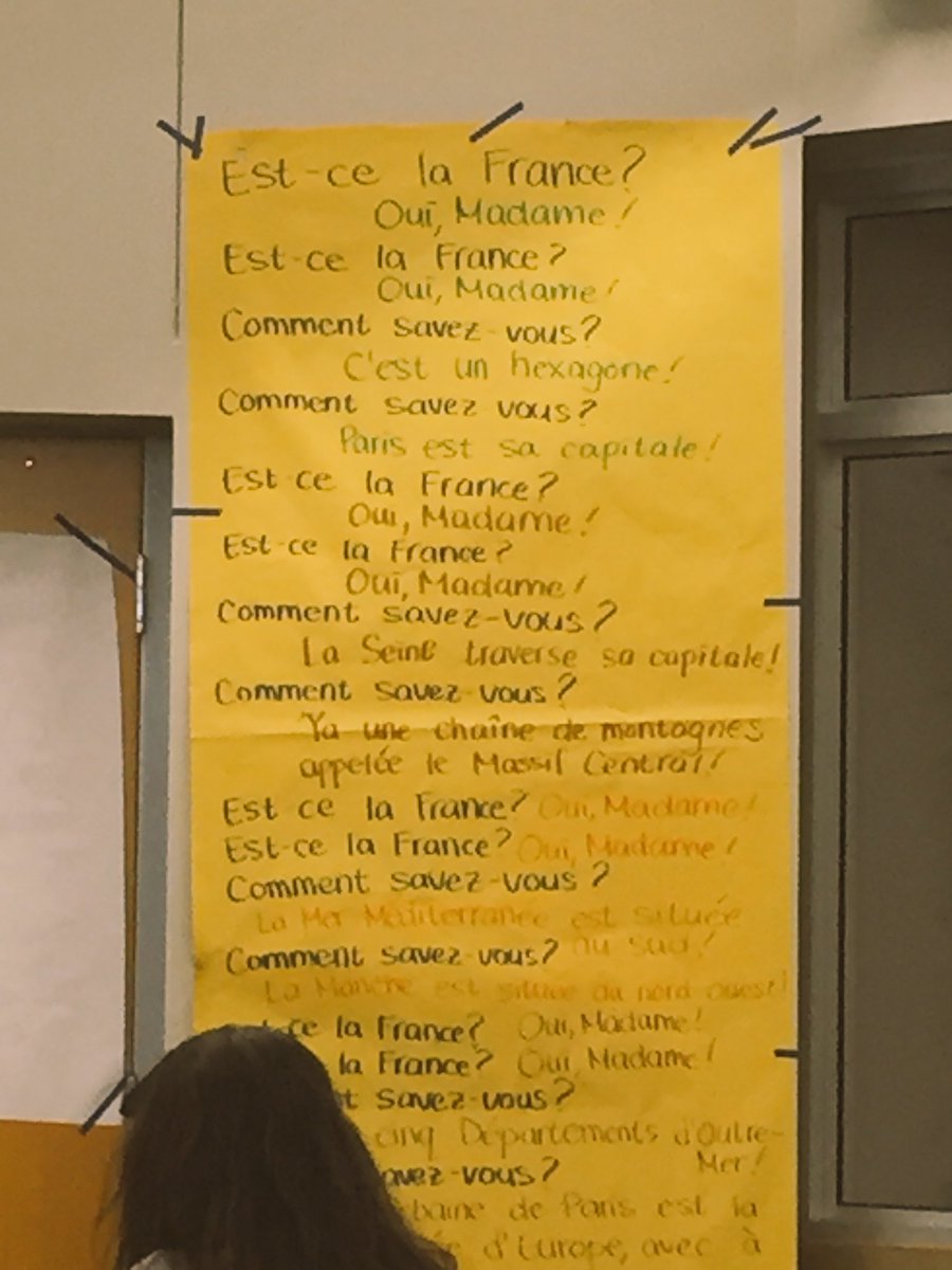 ProfeMurray's tweet image. Tina Hargaden creates chants based on topics she discusses with Ss. Heavy on key input for guided output. T asks question and Ss respond as a chant. This one based on geography of 🇫🇷! Builds community + Fun! @MittenCi #MittenCI18