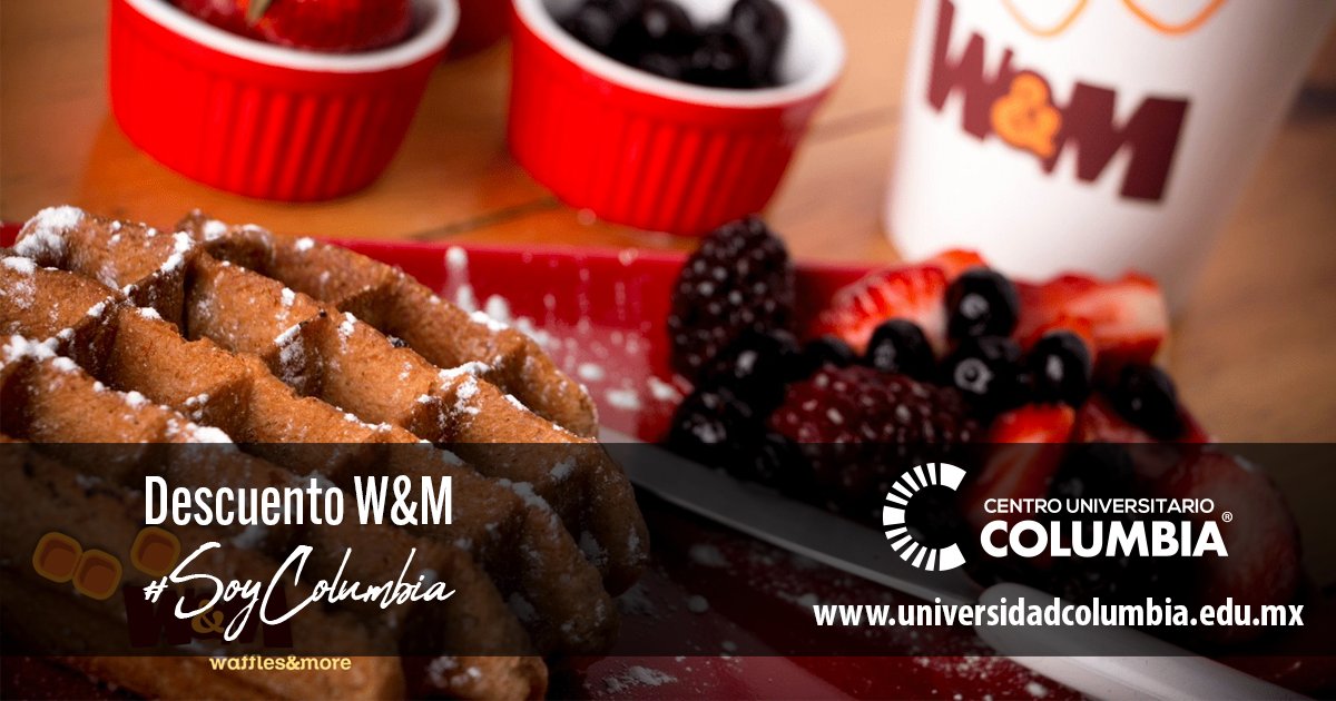 ¿Conoces nuestra cafetería? Presenta tu credencial de estudiante Columbia y recibe un 15% de descuento. No esperes más y ven por un exquisito waffle. #SoyColumbia