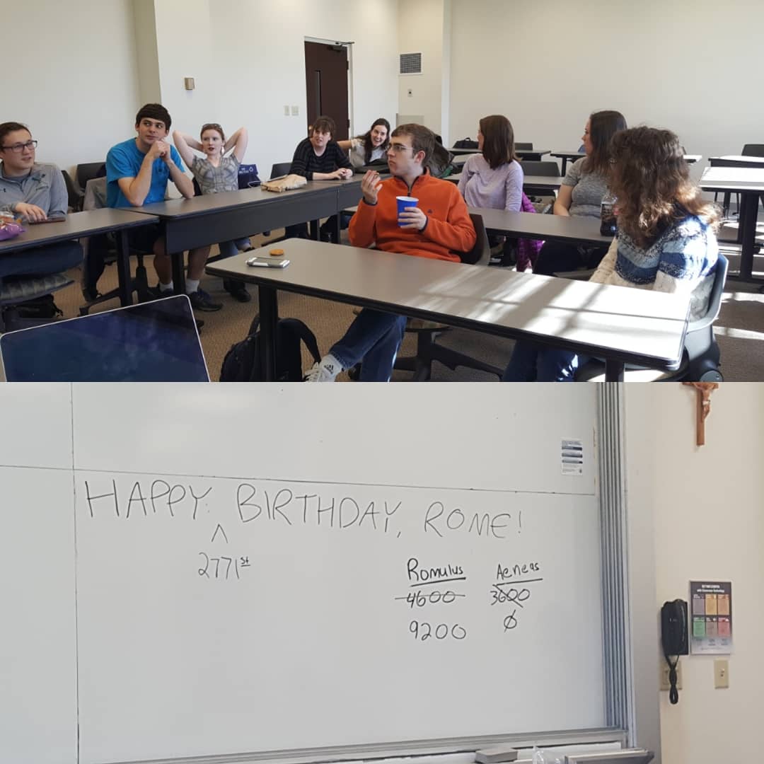 apistone's tweet photo. Notre Dame #Classics Club had a 2771st birthday party for Rome today! #TeamRomulus cleaned up in Classics Jeopardy! https://t.co/GDuTGkPsNZ
