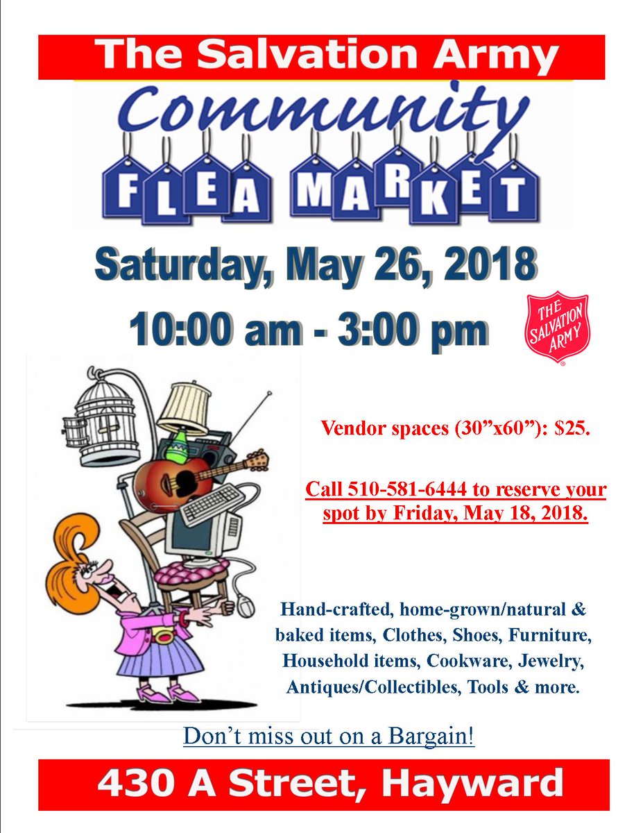 5/26... Ronda B. will sell home-spun alpaca yarn from her own farm, notions, fabric, vintage clothing, knick knacks, art work, ephemera and books. Thank you for your support of The Salvation Army's third annual Flea Market.