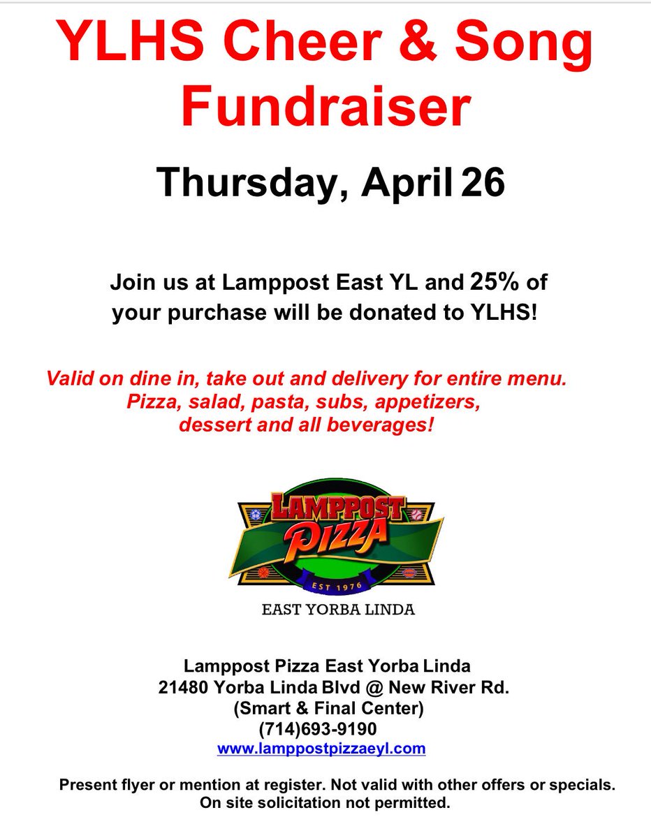 YLHSCheerSong's tweet photo. Let’s eat pizza! 🍕 @lamppostpizzaeyl is hosting our 1st fundraiser of the 2018-2019 season ❤️💙📣🎶 please help support our program and leave the cooking to them! #eatpizza #thankyouforyoursupport #lamppostpizzaeyl #weareyorbalindamustangs #ylhscheerandsong https://t.co/7U2VDtAvMT