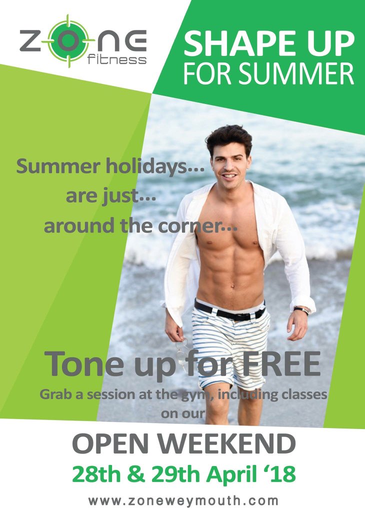 zoneweymouth's tweet image. SHAPE UP FOR SUMMER- OPEN WEEKEND!

Not a member of the gym? 
Get a head start &amp;amp; tone up for FREE over the weekend of 28th &amp;amp; 29th April &apos;18, includes ALL classes.
Yes, it&apos;s FREE FREE FREE!
#shapeupforsummer #zonefitness
