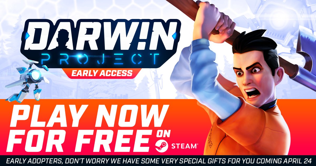 DarwinProject's tweet photo. It's true: #DarwinProject is now free to play on Steam! Our early adopters will find a lovely Founder's Pack in their inventories on April 24. It's a big change, but our vision for Darwin Project remains the same. Welcome to all the new players! https://t.co/k2Cl5zQHkg