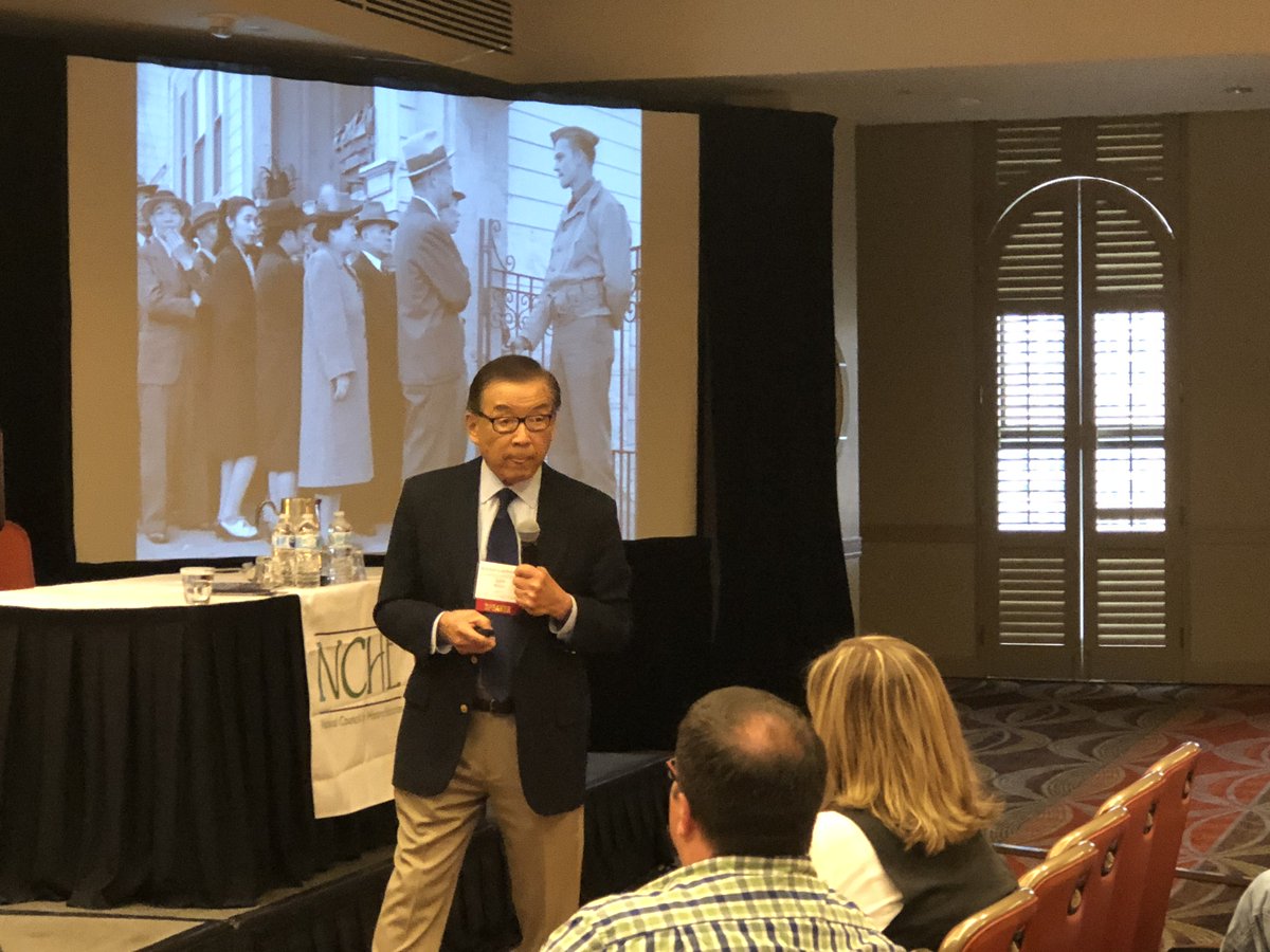 historyed's tweet photo. Sam Mihara, survivor of incarceration at Heart Mountain during WW2, gives a powerful presentation titled “History of Mass Imprisonment and the Potential for Future Incarceration” #NCHE2018 https://t.co/9fyxWYmea4