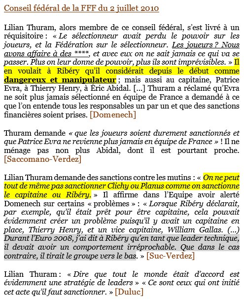 Thuram, membre du Conseil fédéral de la FFF, tient des propos durs contre les mutins. Il considère Ribéry (qu’il a fréquenté comme joueur en Bleu) comme "dangereux et manipulateur".