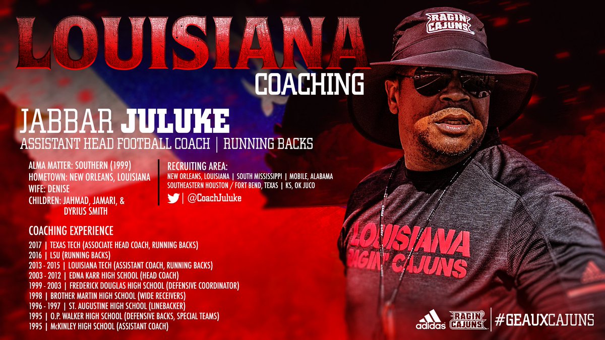 RaginCajunsFB's tweet photo. .@CoachJuluke brings a lot of experience as he takes over the reins of Running Backs Coach this year.
#GEAUXCajuns #cULture #THISisLOUISIANA #36KStrong https://t.co/1siHOwm47B
