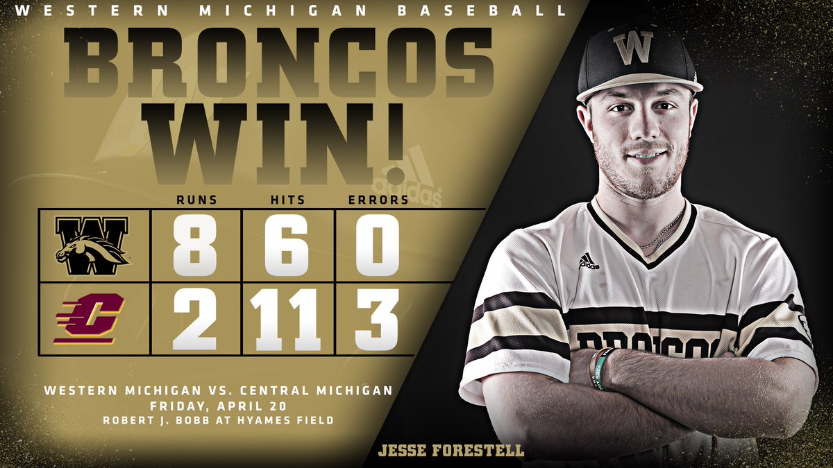 WMUBaseball's tweet photo. THAT'S YOUR BALLGAME! BRONCOS WIN! BRONCOS WIN!!
Western Michigan defeats Central Michigan, 8-2 in game one of the series. 
#WeWillReign #Team108 https://t.co/8Y6EEKBE1q