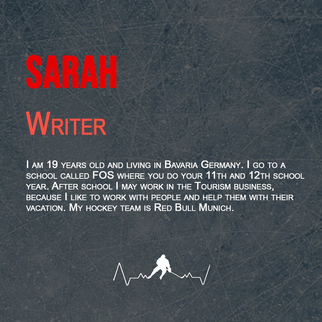 HeartsofHockey's tweet photo. Everyone, please meet Sarah! She is our one and only member that does not live in the US or Canada but is from Germany! Sarah is fairly new to the Hearts team as a writer and loves one of their local hockey teams, the Red Bull Munich! #MeetTheGirls #Hockey https://t.co/yMYA5bou4k