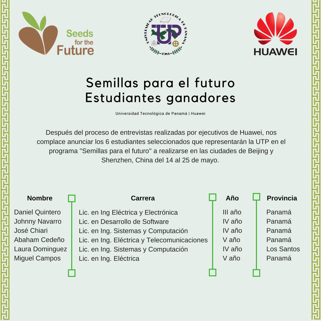 #estudiantes <a href="/utppanama/">UTP Panamá</a> <a href="/DRI_UTP/">Dirección de Relaciones Internacionales</a> ganadores Pasantía Internacional <a href="/Huawei/">Huawei</a> China!