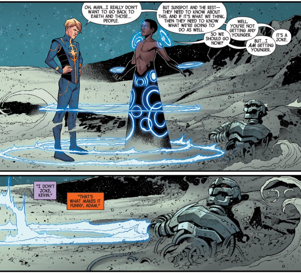 Even acknowledging the passage of time as overtly as Hickman does in "Time Runs Out", allowing it to take its toll on the characters in the narrative suggests that the Marvel Universe is "broken", that the stasis has been shattered.(Avengers #35.)