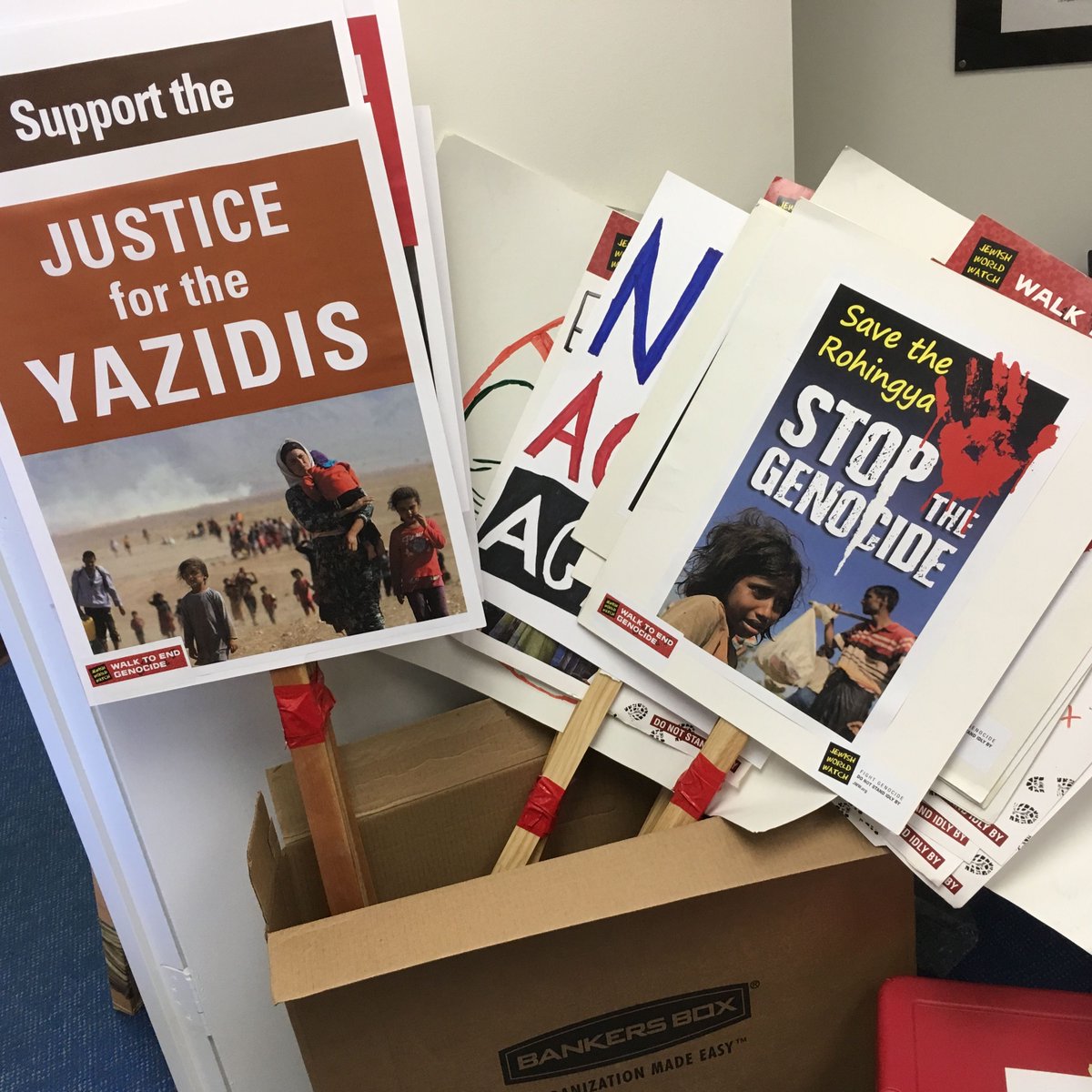 jworldwatch's tweet photo. These signs won't march themselves! Make sure to show up Sunday for the #WalkToEndGenocide at Pan Pacific Park in Los Angeles. #DoNotStandIdlyBy https://t.co/ANNBzRHYbl