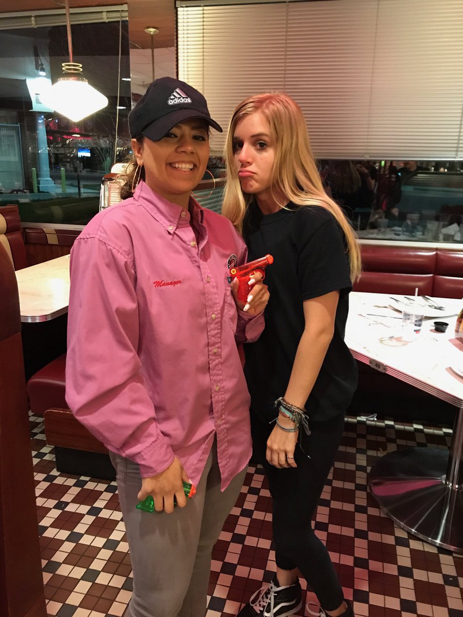 GAassassin18's tweet photo. It’s tradition for the cast to eat at silver diner after night 2 of production. Karen dressed up as the manager in order to take down her backstage crew target! https://t.co/1nC1R4ZGOg