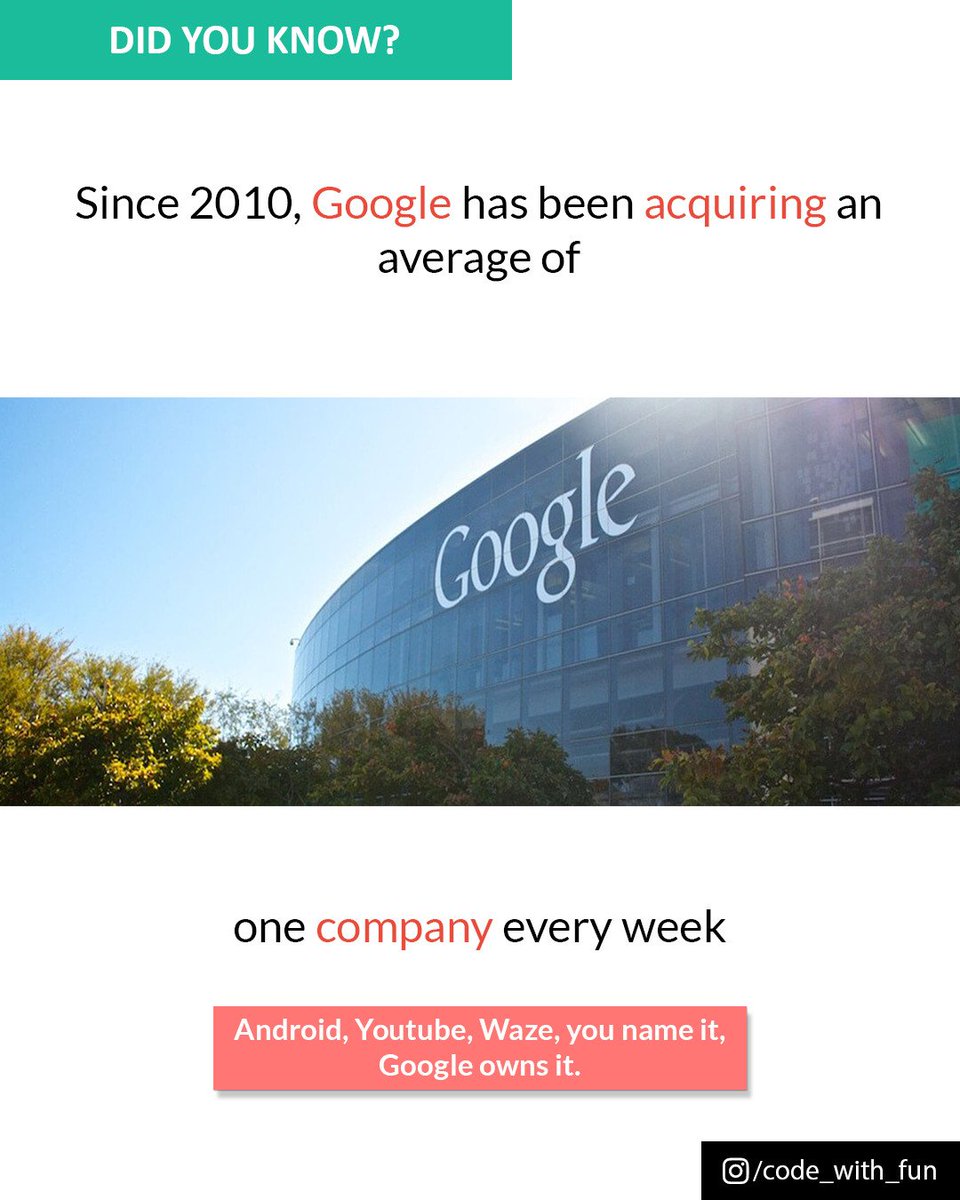 codewithfun's tweet image. Google is a computer software and a web search engine company that acquired, on average, more than one company per week in 2010 and 2011.
#codewithfun #cwf
