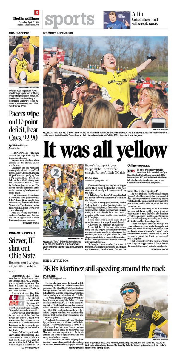 Patrick Beane (@pjbeane) on Twitter photo Thetas repeat as Women's #Little500 champs; Black Key Bulls look to defend men's title; #pacers rally to take Game 3; <a href="/IndianaSB/">Indiana Softball</a> and <a href="/IndianaBase/">Indiana Baseball</a> each post shutout wins and more in Saturday's <a href="/theheraldtimes/">The Herald-Times</a> Thetas repeat as Women's #Little500 champs; Black Key Bulls look to defend men's title; #pacers rally to take Game 3; <a href="/IndianaSB/">Indiana Softball</a> and <a href="/IndianaBase/">Indiana Baseball</a> each post shutout wins and more in Saturday's <a href="/theheraldtimes/">The Herald-Times</a>