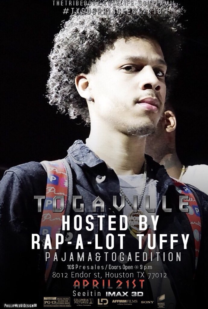 TheTribEBoyZ's tweet photo. #TogaVille - April 21st
( Pajama and Toga Edition )
8012 Endor St
-Shimmy Like A Nupe After Party
-Special Guest
Sounds by:
@RocketInTheMix | @Ari_theDJ & @DJEclipze | @Iamhartaway
#TXSUspringFest2k18
#TXSU, #SFA, #PV , #UTSA, #LU , #TAMU, #SHSU, #TXST https://t.co/2gIBGWAWTI