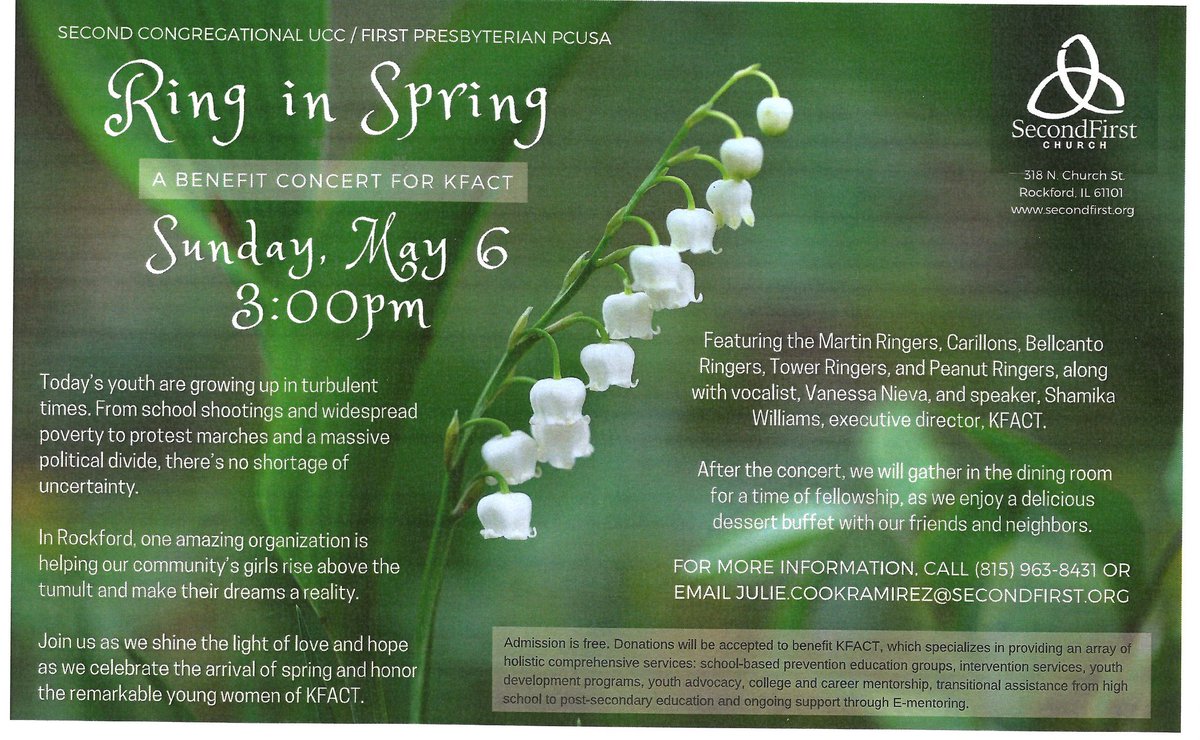 JCookRamirez's tweet photo. Please join us for our annual "Ring in Spring" concert benefitting #KFACT Sunday May 3rd at 3 pm @Second1stChurch @Rockford_IL Everything from hymns and classical pieces to Latin music and La La Land, played on the world's largest collection of @whitechapelbell handbells! https://t.co/OCt9yOJ1Oo