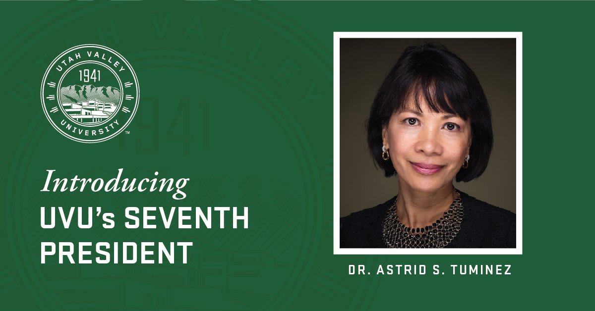 UVU's tweet photo. The new UVU President is selected!
Congratulations to Dr. Astrid Tuminez on being named UVU’s 7th president! We are excited to see what’s in store for us with you as our president. We support you and look forward to seeing you on campus. https://t.co/Is2NNfOcQl