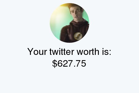 muxeguin's tweet photo. My Twitter worth is: $627.75

Find yours with https://t.co/0Uy9e6sBZV

. https://t.co/Pkh91mNBdc
