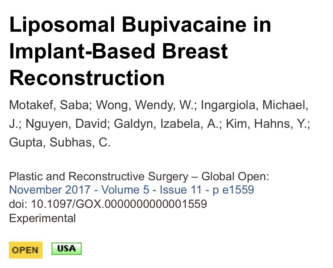 MiingargiolaMD's tweet image. Our recent PSF grant paper looking at the effect of Exparel with implant based breast reconstruction. #Exparel lowering opioid use, hospital stay, and hospital costs. #plasticsurgery .
journals.lww.com/prsgo/Fulltext…