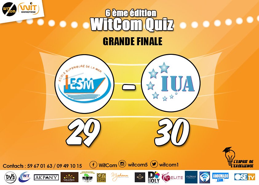 WITCOM1's tweet photo. Digne du résultat d'une finale et démontrant le niveau élevé de la compétition. Félicitations au Vainqueur !
#WitComQuiz_Finale
#20Avril https://t.co/FnDJZmVExA