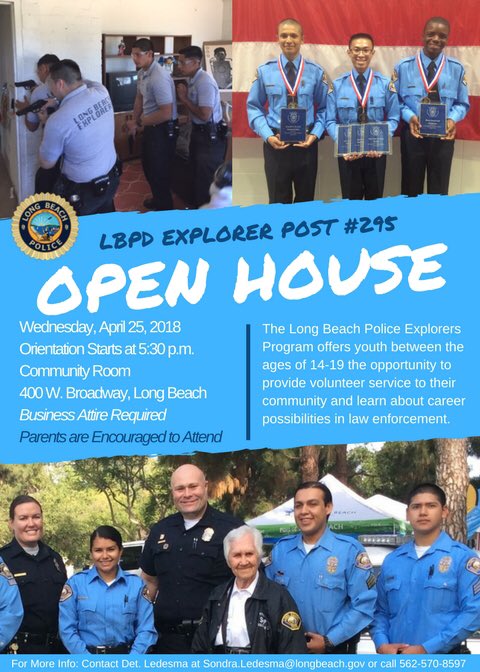 LBPD's tweet image. 📢 We are calling all young adults interested in Law Enforcement! You too can #JoinLBPD 🙌 Come for an informational Open House for our #LBPDExplorers program‼️
📆 4/25/18
⌚️5:30pm start time 
📍Community Room - 400 W Broadway 
For more info: call Det Ledesma at (565)570-8597