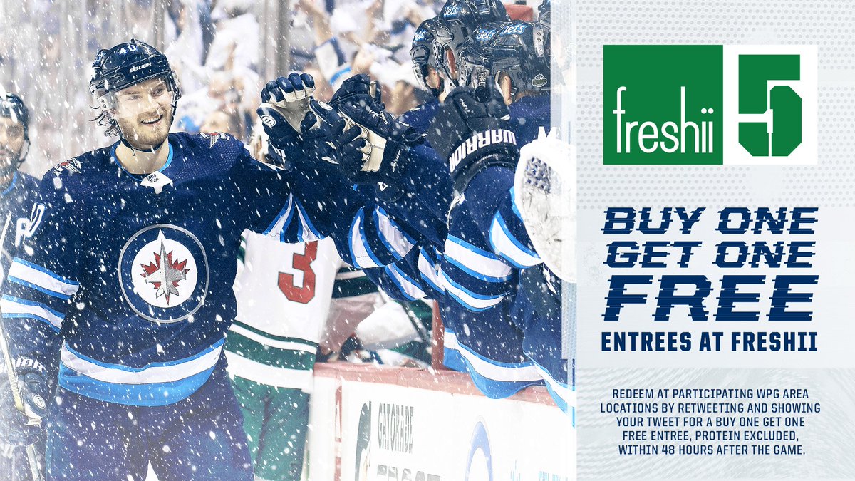 NHLJets's tweet photo. Since the #NHLJets scored FIVE times tonight, YOU win with BUY ONE, GET ONE FREE @freshii entrees for the next 48 hours at participating WPG locations!

RETWEET this tweet and show your retweet to redeem.  #WPGWhiteout #GoJetsGo #WPGvsMIN https://t.co/7IMBVUtgyX