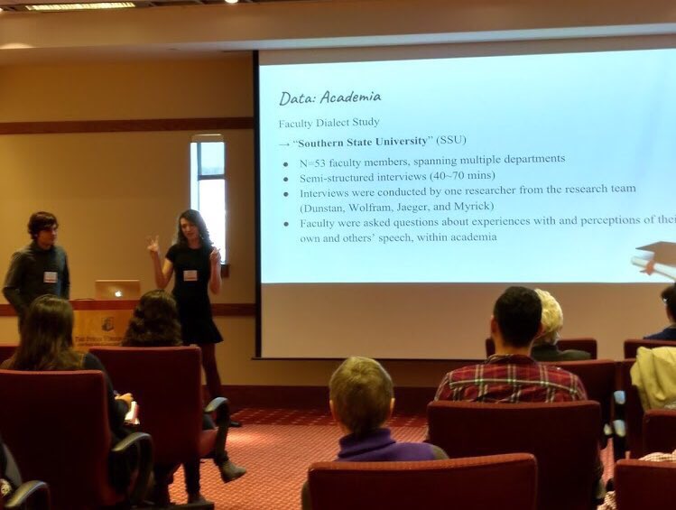 NCSULinguistics's tweet photo. Photos of postdoc Bridget Smith and PhD students @DataInFormants and @Care_ah_Line presenting at #SECOL this morning! 🌤 #LotsOfHandGestures #ExcitedAboutResearch 🙌 https://t.co/OrYGfLqh3d