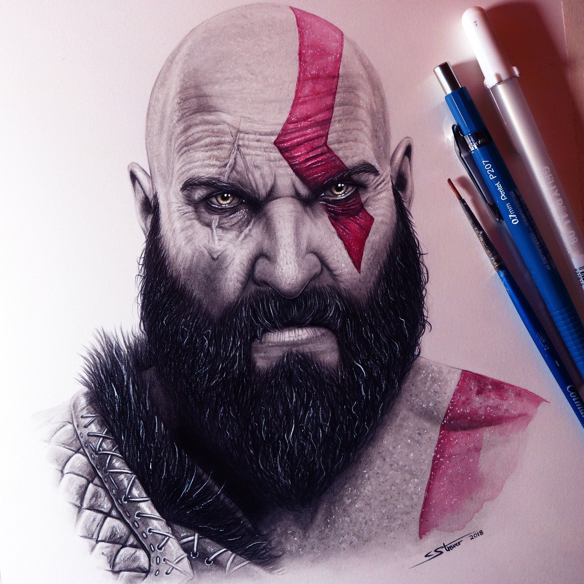 LethalChris's tweet image. Here's my drawing of Kratos from God of War! Time lapse video: youtube.com/watch?v=9qZn90… @SonySantaMonica #Drawing #Kratos #GodOfWar