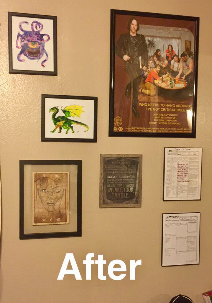 Raidrith's tweet photo. My D&D wall came out quite nice if I do say so. #DnD #firstcharacter #slayerstake #criticalrole #spellscroll #greendragon #beholder https://t.co/0w11hxRxpQ
