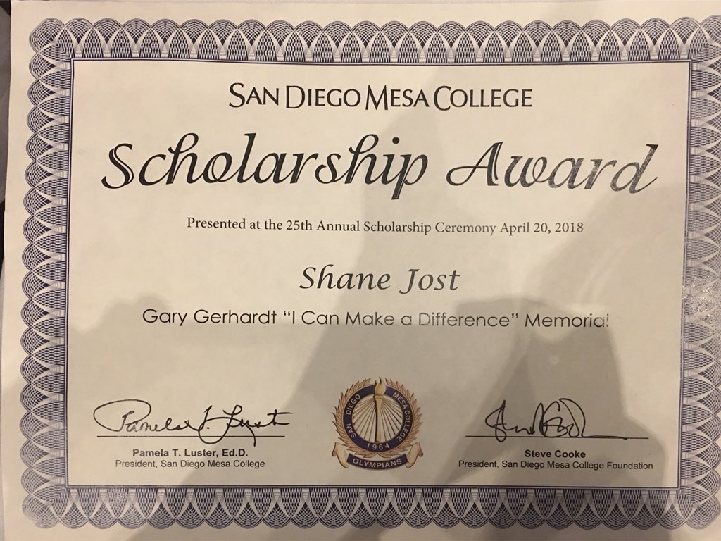 SDShane's tweet photo. Thank you so much @sdmesacollege and the donor of my awesome scholarship for this amazing award! It’s great to get acknowledgement for the work I’ve been doing, and I’ll use this to fuel more of my work in trying to make the world a better place! #sdmesascholars18 #scholarship https://t.co/n8gwjBcTms