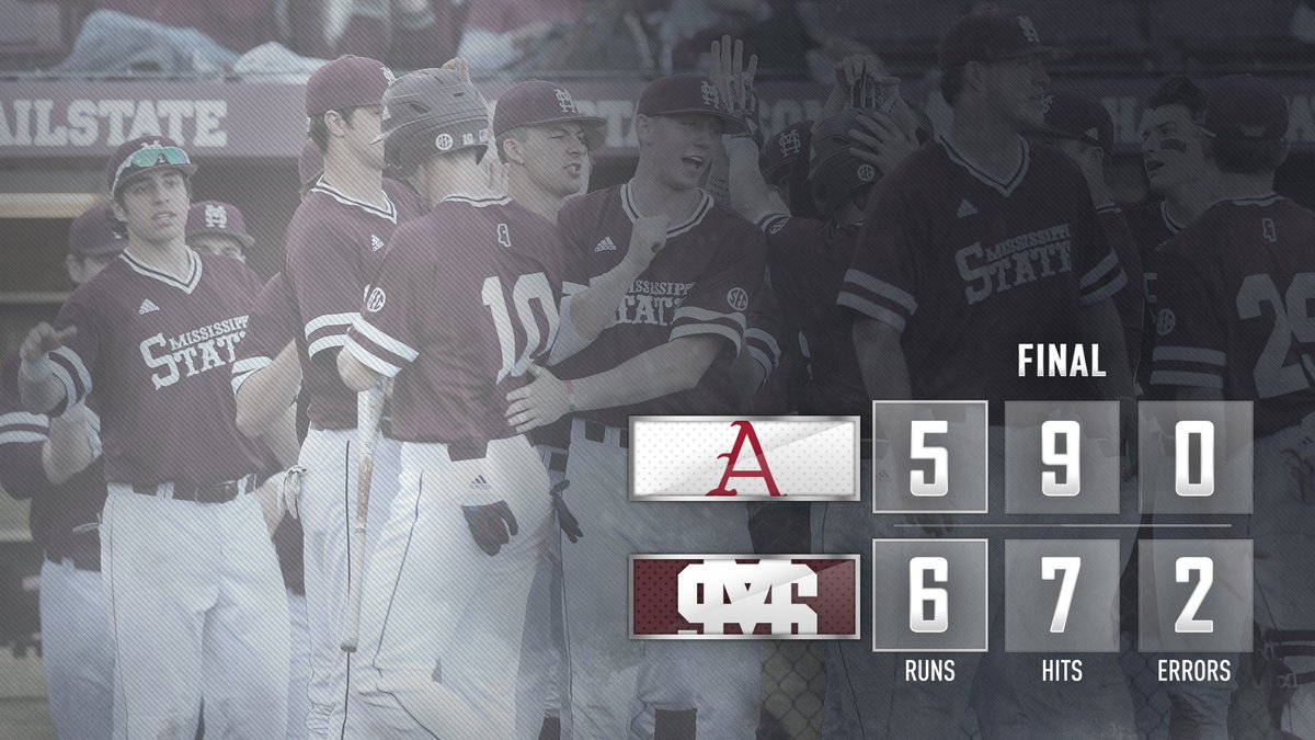 HailStateBB's tweet photo. BALLGAME!!! The #RallyDawgs erase a 5-0 deficit to beat No. 3 Arkansas in the #SBW18 opener!

See you tomorrow at the #NewDude at noon!

#HailState🐶 https://t.co/7OqftkIDiW