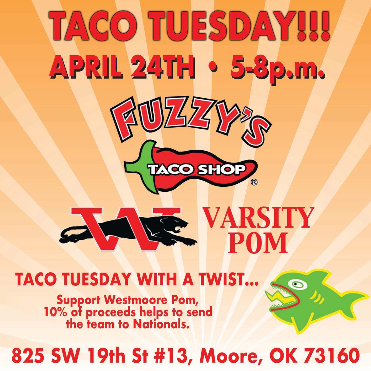 TACO TUESDAY! Come support WHS Pom at Fuzzy’s in Moore, Tuesday night! GO JAGS! YAY TACOS!