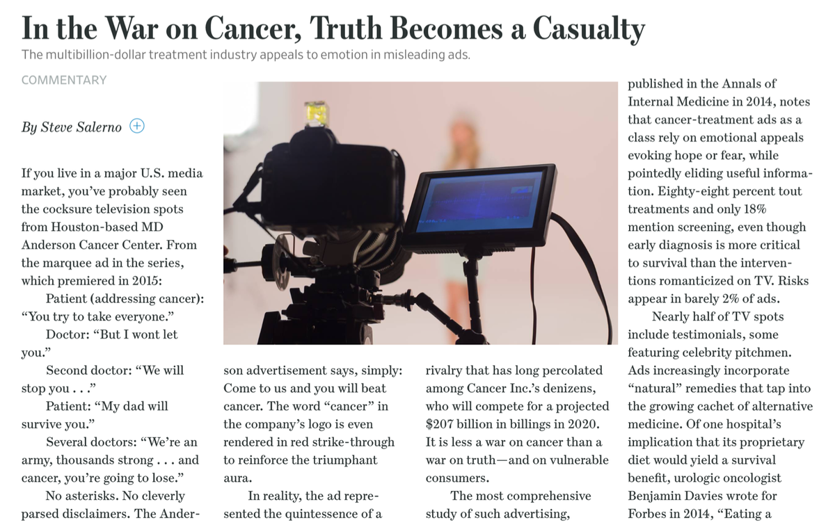 EricTopol's tweet photo. The predatory advertising by #cancer centers https://t.co/CUq464Lswv by @iwrotesham https://t.co/BVKMXWesPU