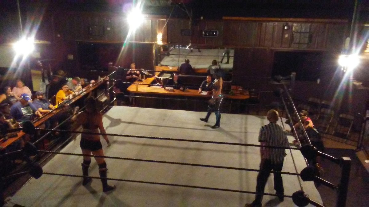 LadySmathers's tweet photo. @MiaYim and the rest of us wait while @BodySlamQueen3 takes care of her wedgie situation!!! I had perfect seats for this awesome match!! @IWRevolution #KneelOrFall https://t.co/C4TkW3D2Ew