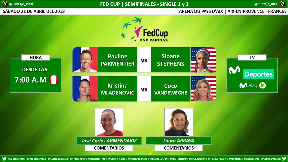 Puntaje_Ideal's tweet photo. 🎾 #FedCupxMD | Semifinales
Single 1: 🇫🇷 P. Parmentier 🆚 S. Stephens 🇺🇸
Single 2: 🇫🇷 K. Mladenovic 🆚 C. Vandeweghe 🇺🇸
🎙 Comentarios: @ElDarizPe - #LauraArraya
📺 TV: @MovistarDeporPe - #MovistarPlay | @FedCup
Dale RT 🔃 https://t.co/ksxmJ33Uj1