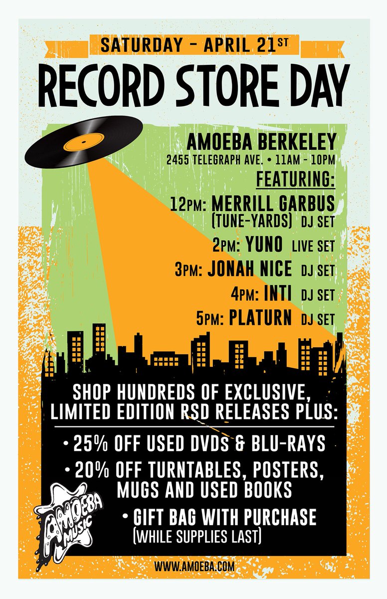 AmoebaBerkeley's tweet photo. Tomorrow! Don’t miss some good times with @tuneyards #MerrillGarbus @Yvno #JonahNice @1djinti @Platurn, plus sales and limited #RSD18 releases! https://t.co/DJ21Hvn5Sz