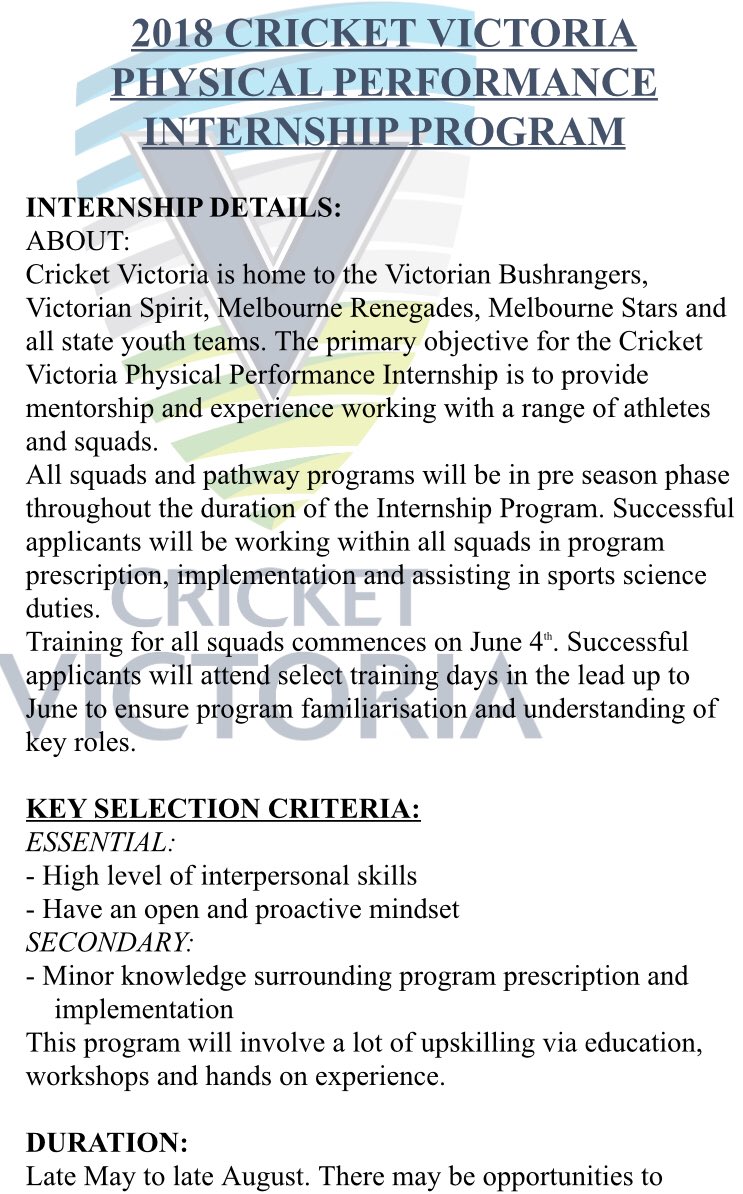 Adrian_Mott's tweet photo. Applications for the 2018 Cricket Victoria Physical Performance Internship is now available. Contact me on amott@cricketvictoria.com.au for further information. https://t.co/5I33CzHdy0
