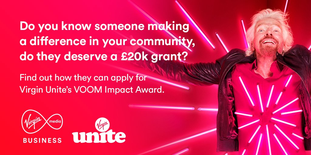 richardbranson's tweet photo. .@VirginUnite has £20k up for grabs for a charity, business, or social enterprise that’s making a difference to people, or communities, in need. Apply today: https://t.co/mJ6tM7tcPj  #VOOMImpact #VOOM https://t.co/tOpVm8WxGH