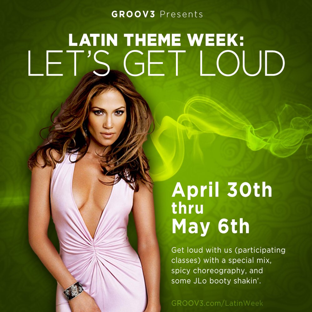 GROOV3's tweet photo. It’s going to get hot and spicy with Latin Theme Week On April 30th to May 6th at participating locations. Save the date and we’ll see you in class. https://t.co/AhnSAB24q7 #dance #danceclass #fitness #dancefitness #GROOV3 #letsdance #latinweek #joinys #savethedate https://t.co/ev8vFnyr56