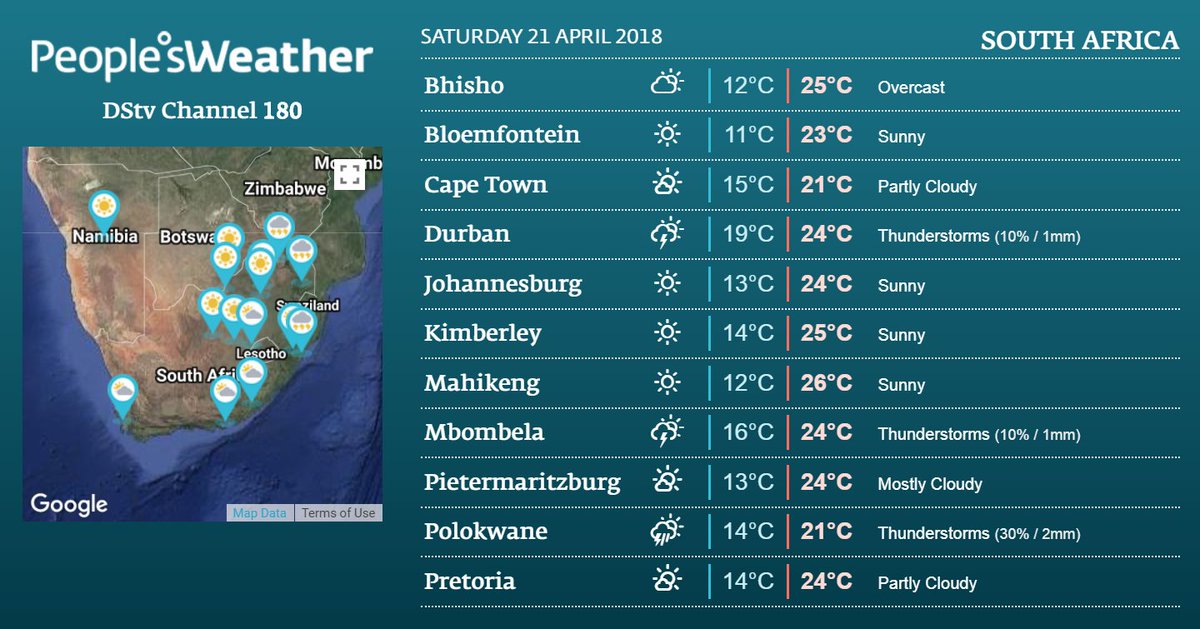 🌈 #SouthAfrica 21 Apr
<a href="/DStv/">DStv</a> Ch180 or visit: peoplesweather.com/weather/countr…
<a href="/SocialSA_/">Social South Africa</a> <a href="/southafricans/">South Africa</a> <a href="/GoToSouthAfrica/">VisitSouthAfrica</a> <a href="/southafricanews/">South Africa News</a> <a href="/dlSouthAfrican/">South Africa Links</a> <a href="/iLoveRSA/">I Love South Africa 🇿🇦</a> @TwitterSA <a href="/SouthAfricaRail/">South Africa Railway</a> @PromoteZA <a href="/IRR_SouthAfrica/">South African Institute of Race Relations</a>