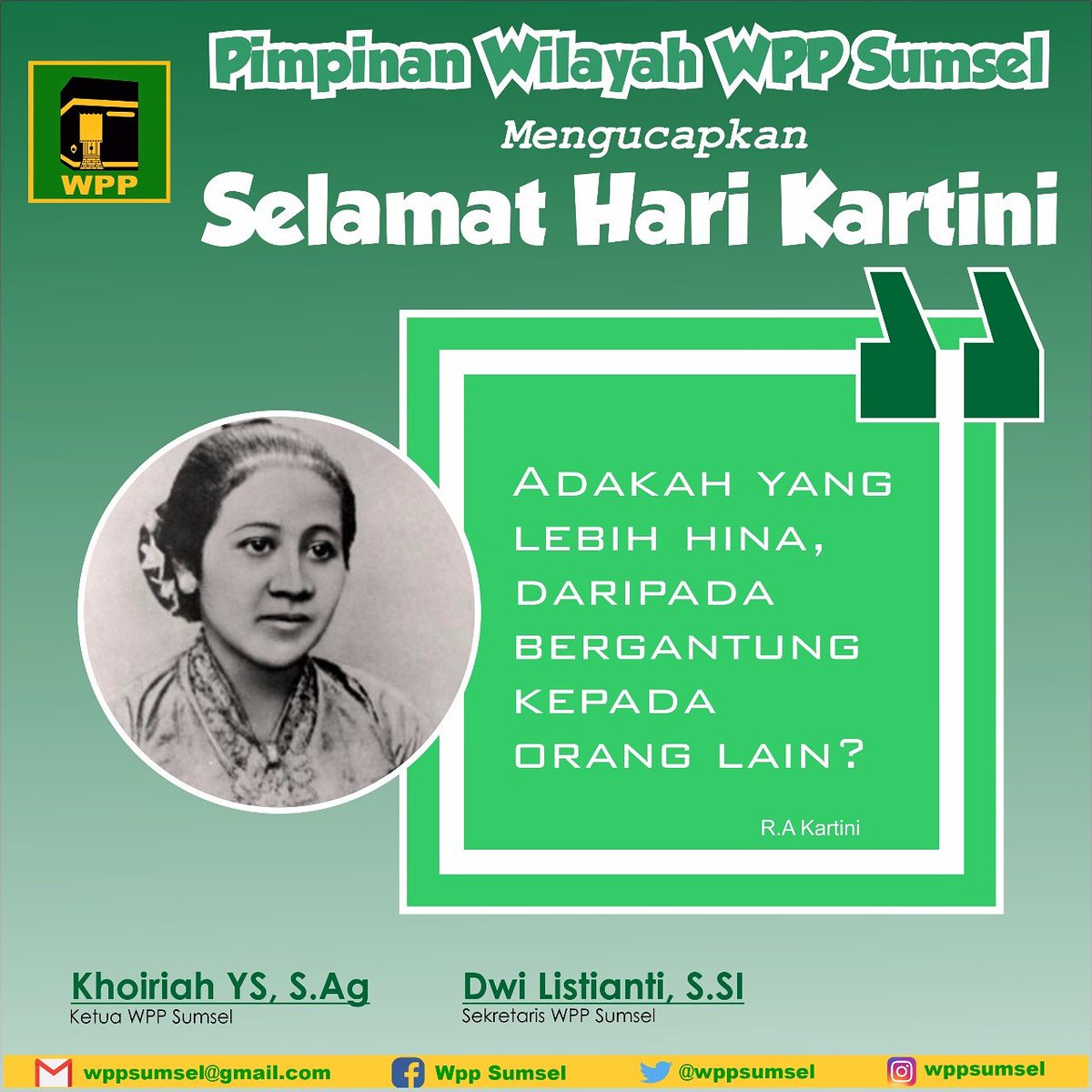 wppsumsel's tweet photo. Jangan biarkan kegelapan kembali datang, Jangan biarkan kaum wanita kembali diperlakukan semena - mena.  

Selamat Hari Kartini,  21 April 2018. 🌷😊
#kartinidays2018 #wppsumsel #perempuanppp #genzhijau #PPP10Sempurna https://t.co/xLyjnKN5ER
