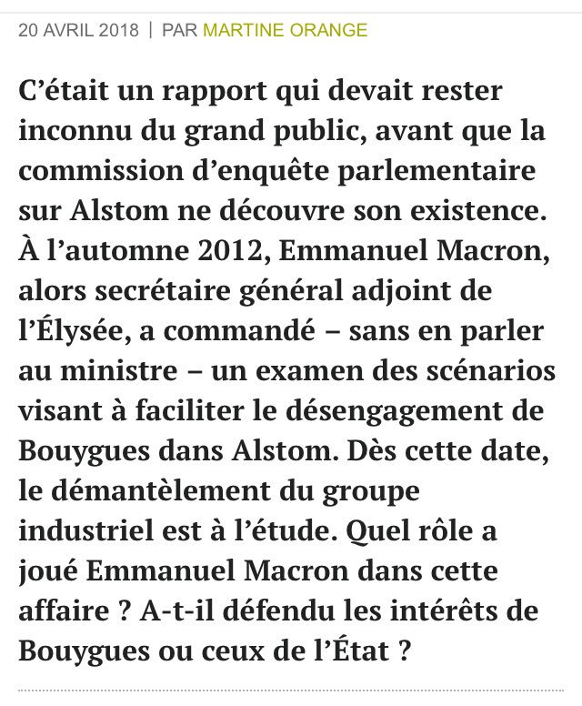 Macron en personne, contrairement à ce qu’il a affirmé, aurait eu un rôle très actif dans le démantèlement d’Alstom. Il semblerait qu’il souhaite appliquer le régime Alstom à l’ensemble de la société. Liquidation totale! Tout doit disparaître!