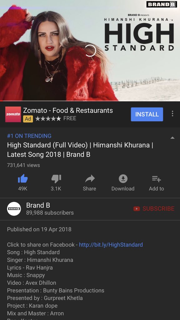 BrandBmusic's tweet photo. #1 ON TRENDING @YouTubeIndia #HighStandard - @realhimanshi @BrandBmusic @OneDigitalEnt @VenusMovies #YouTube #YouTubeIndia https://t.co/Ho5amIiCaR