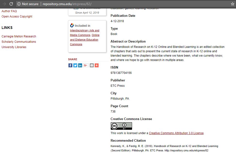 dbeloved's tweet photo. Research Showcase @CarnegieMellon n @bepress pls correct the #license error abt this title-Handbook of #Research on K-12 and #BlendedLearning (Second Edition)- webpage https://t.co/VuUuZe1BEX reads #CC_BY while books reads #CC_BYNCND Gr8! Its in d commmons @creativecommons https://t.co/sAsHMOtBwg