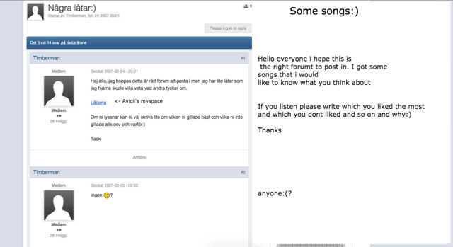 Mr_DrinksOnMe's tweet photo. This is 17-year-old Avicii in 2007 asking people in a forum if they liked his music. This one hurts. https://t.co/xq9fyQIMbv