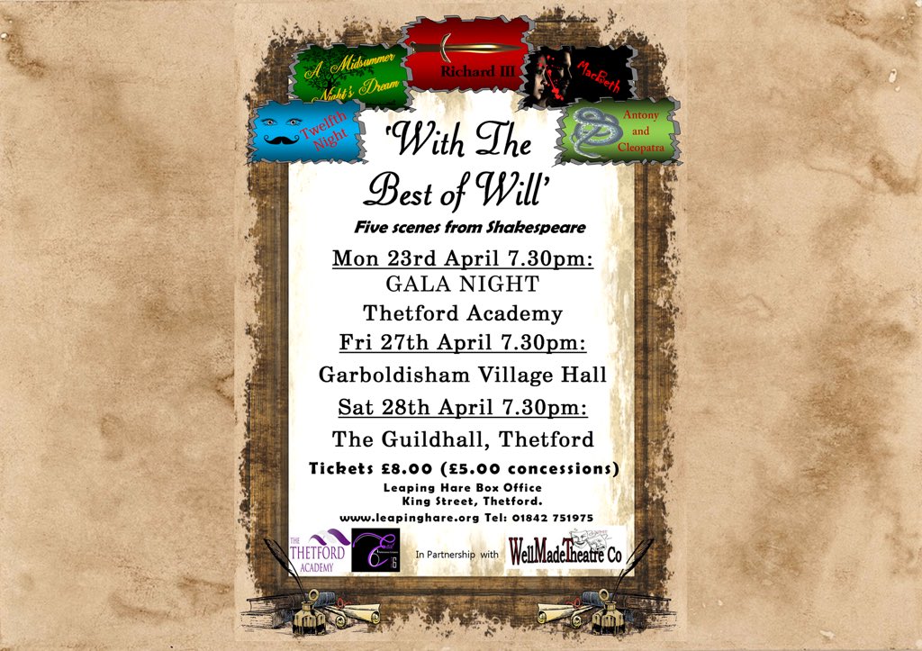 TTAParts's tweet photo. 'With The Best of Will' Gala Night includes pre-show open air performances of scenes from  Midsummer Night's Dream (Ks3/4 @ThetfordAcaduk students), fundraising for the Alzheimer's Society. Come and enjoy an evening of comedy and tragedy with Well Made Theatre Co. #excited https://t.co/TaPv7yU7m2