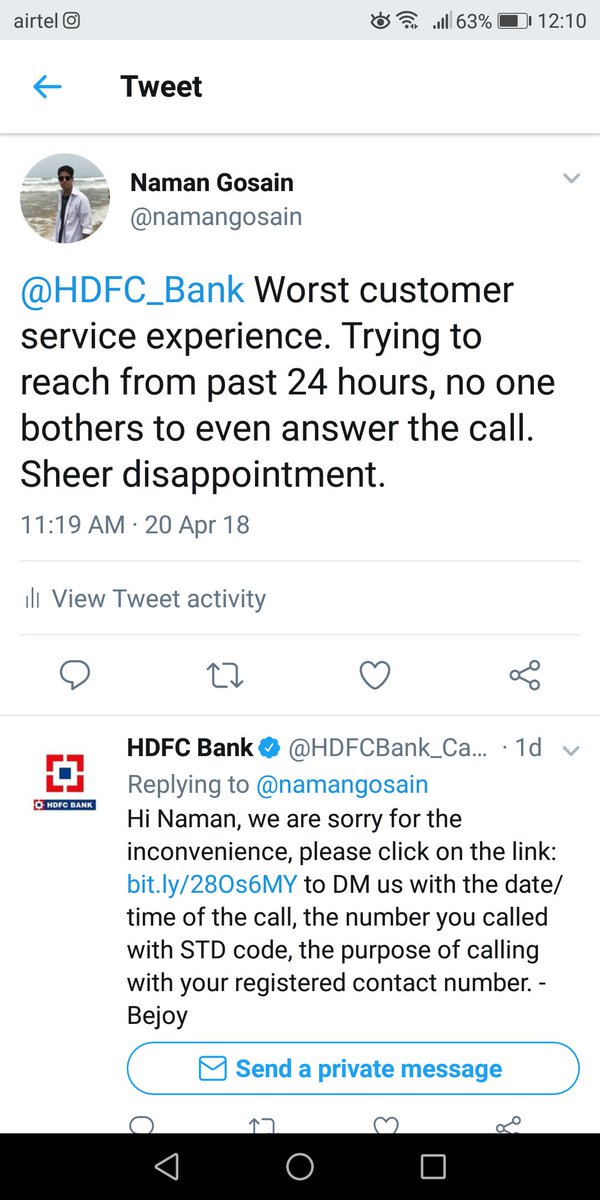 namangosain's tweet photo. @HDFCBank_Cares @HDFC_Bank horrible service. Even after committing no one bothers to call back. Still trying to reach the customer care but as always the line is busy. Worst customer service experience. Zero regard for a customer. https://t.co/aRF5fvgSBC